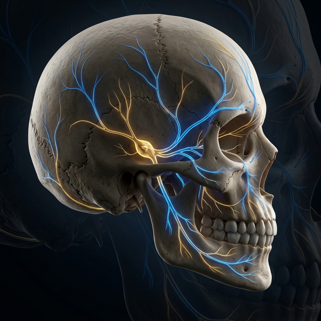 Trigeminal nerve branches illuminated — three divisions innervating the face and jaw